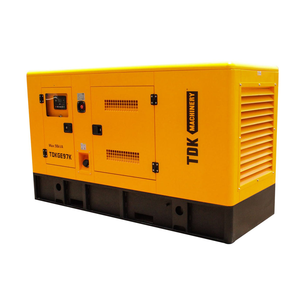 Generador estacionario TDK TDKGE97K de 78 kW / 97 kVA, vista en tres cuartos.