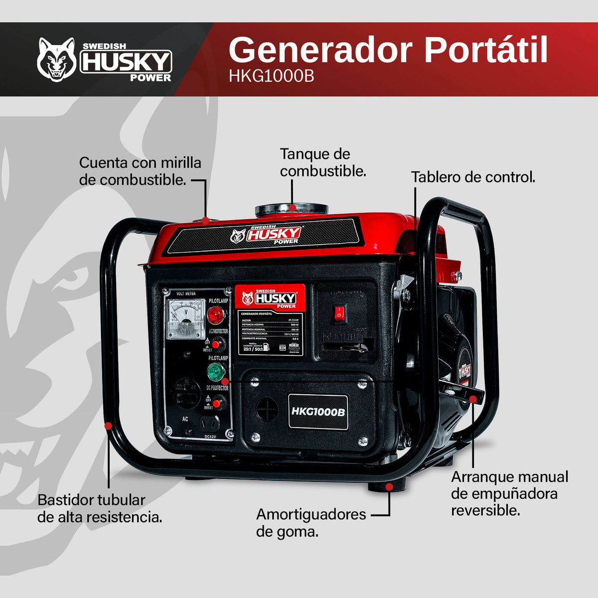 Generador portátil Husky Power HKG1000B de 750 a 900 W, infografía de características.