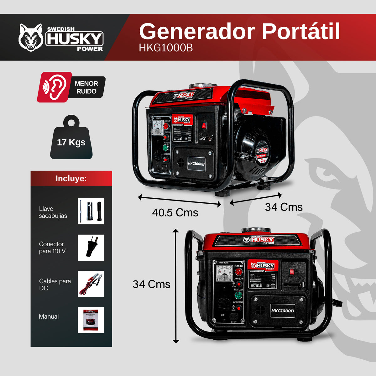 Generador portátil Husky Power HKG1000B de 750 a 900 W, infografía de dimensiones.