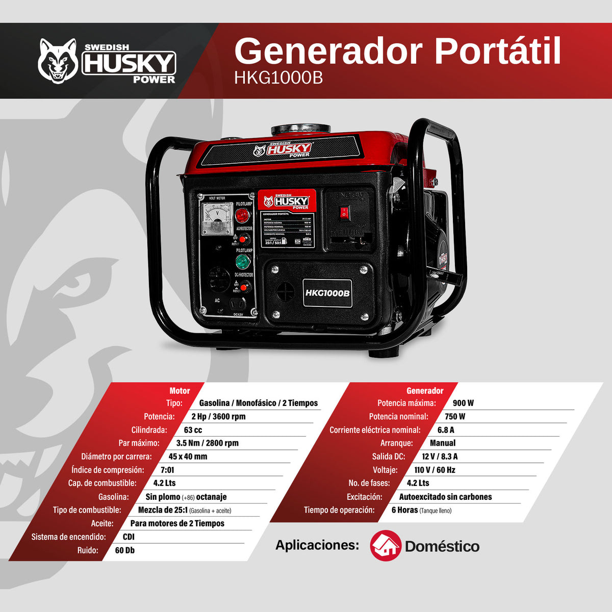 Generador portátil Husky Power HKG1000B de 750 a 900 W, infografía de especificaciones.