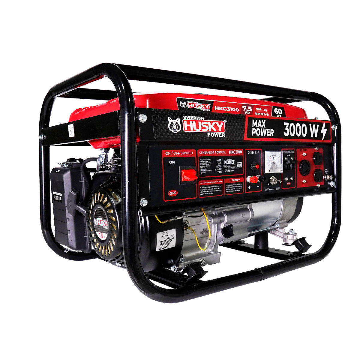 Generador portátil Husky Power HKG3100 a gasolina 2.8–3 kW, vista en tres cuartos.