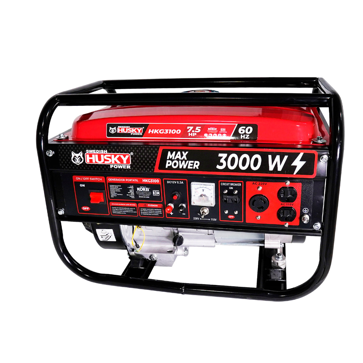 Generador portátil Husky Power HKG3100 a gasolina 2.8–3 kW, vista frontal.