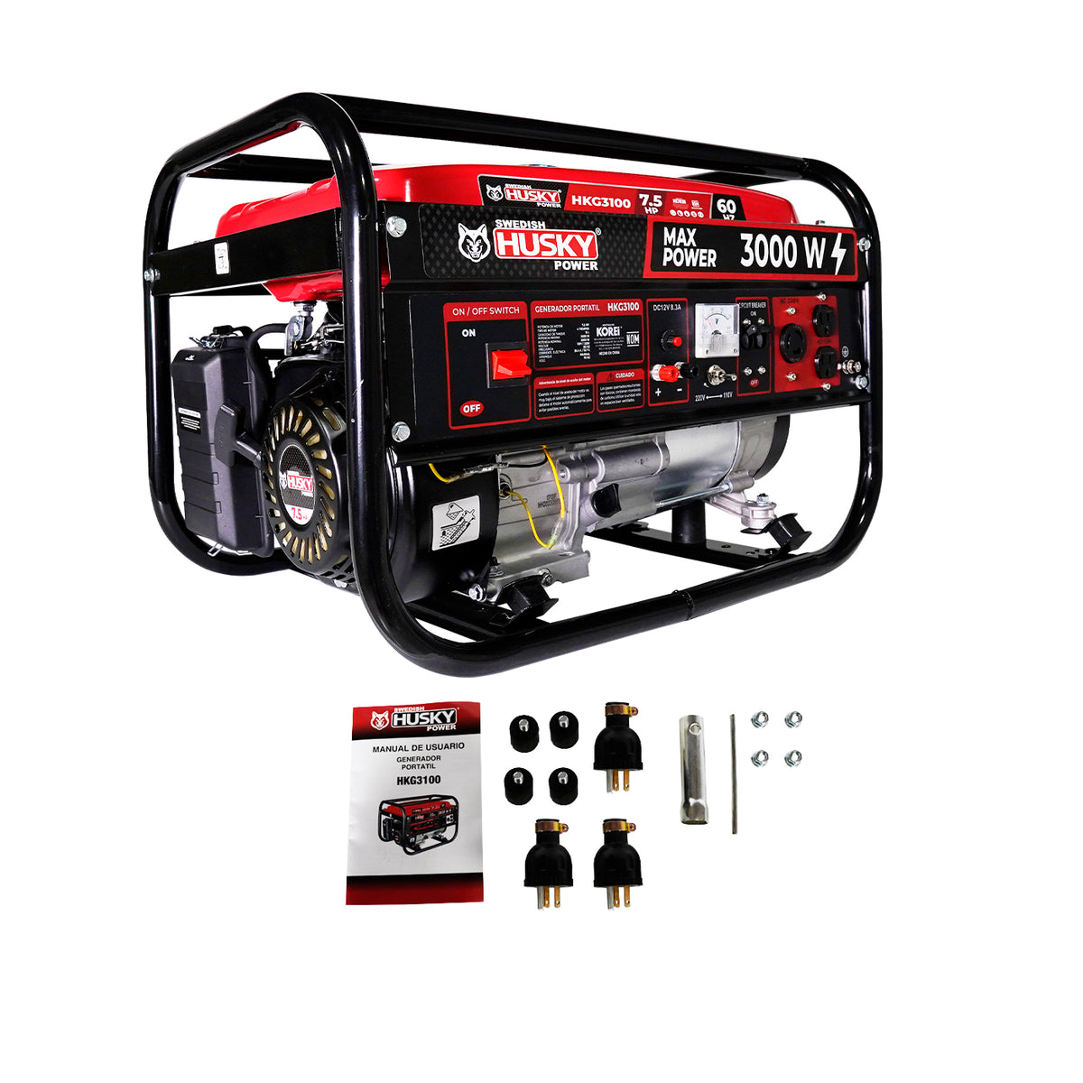 Generador portátil Husky Power HKG3100 a gasolina 2.8–3 kW, con accesorios.