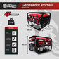 Generador portátil Husky Power HKG3100 a gasolina 2.8–3 kW, infografía de dimensiones.