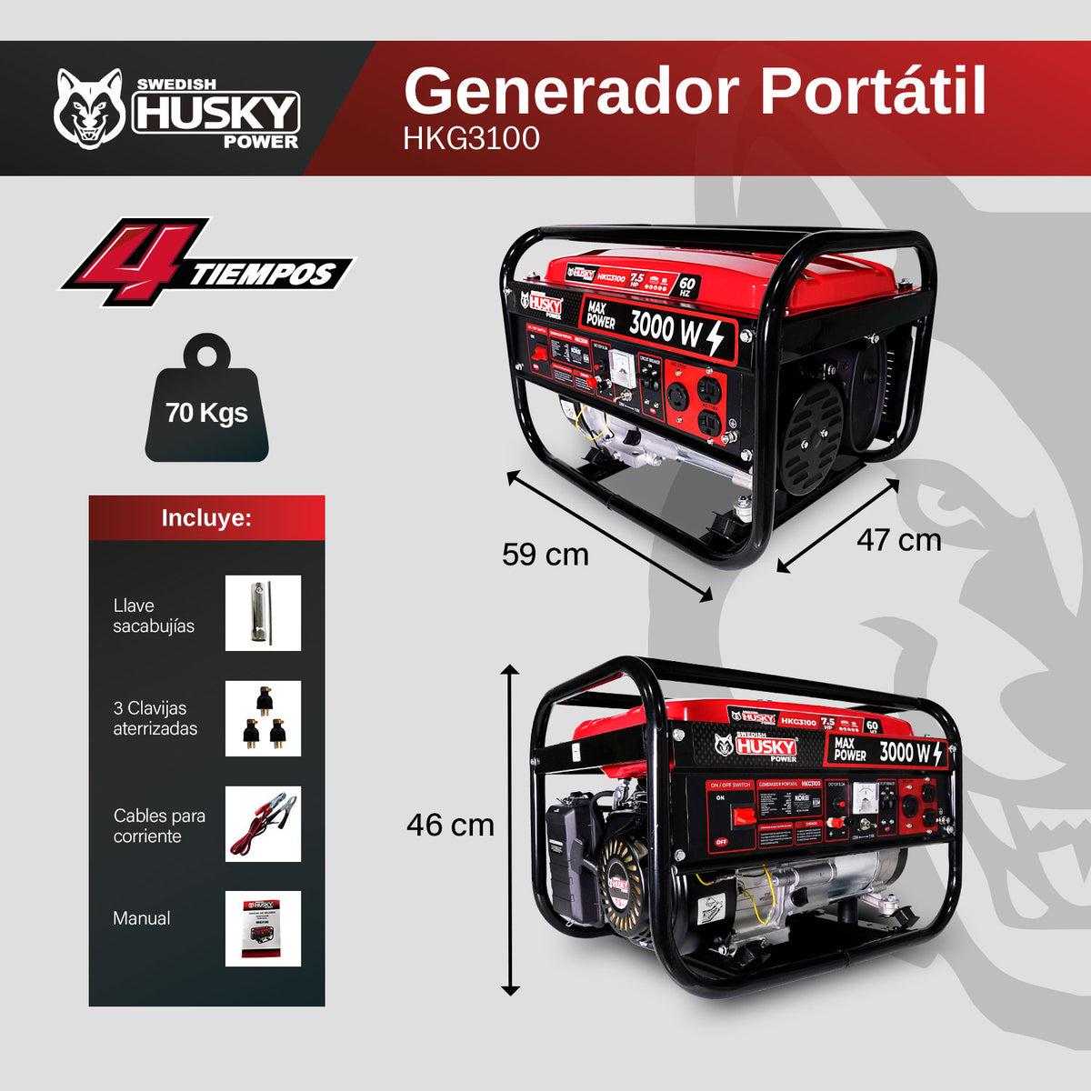 Generador portátil Husky Power HKG3100 a gasolina 2.8–3 kW, infografía de dimensiones.