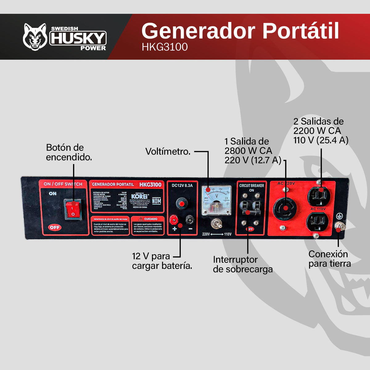 Generador portátil Husky Power HKG3100 a gasolina 2.8–3 kW, infografía del panel.