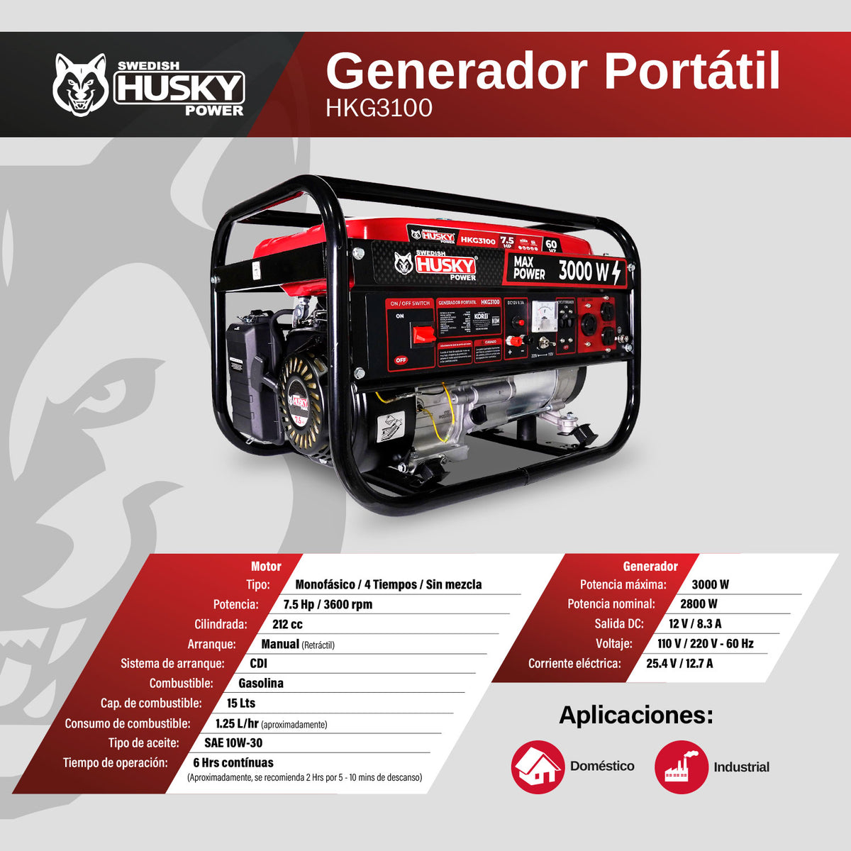 Generador portátil Husky Power HKG3100 a gasolina 2.8–3 kW, infografía de especificaciones.