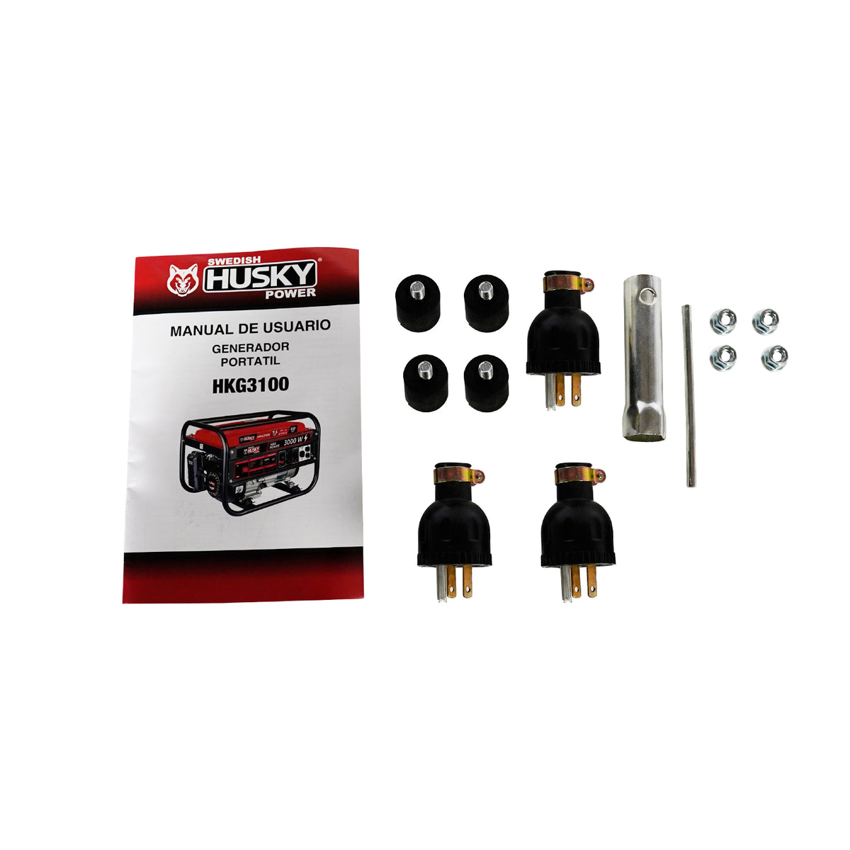 Generador portátil Husky Power HKG3100 a gasolina 2.8–3 kW, accesorios incluidos.