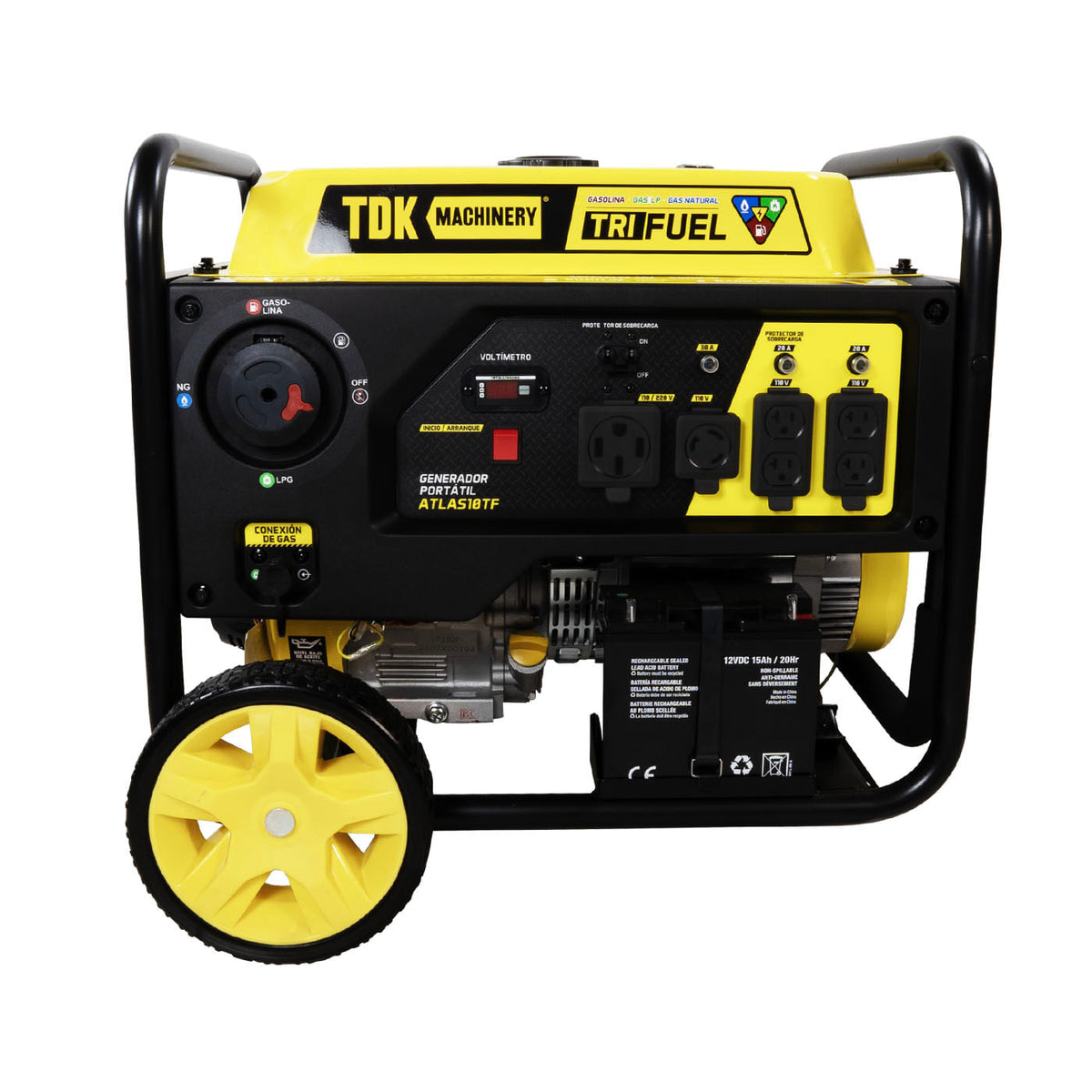 Generador trifuel TDK ATLAS10TF, vista del panel de control y conexiones.