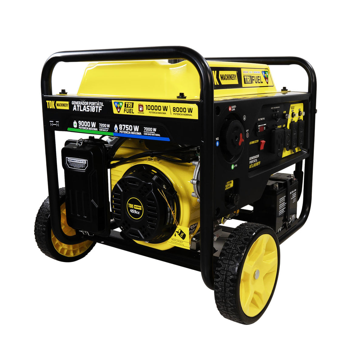 Generador trifuel TDK ATLAS10TF, vista de tres cuartos del lado del motor.