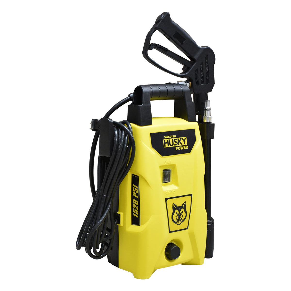 Hidrolavadora eléctrica Husky Power JET140 de 1520 PSI, vista en tres cuartos.