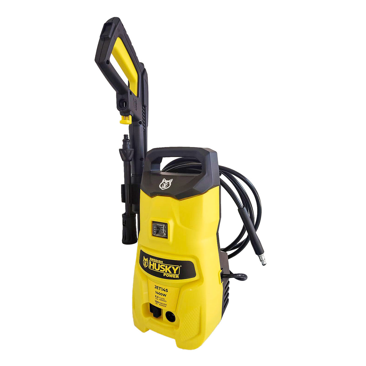 Hidrolavadora eléctrica Swedish Husky Power JET145 de 1450 PSI, vista frontal lateral