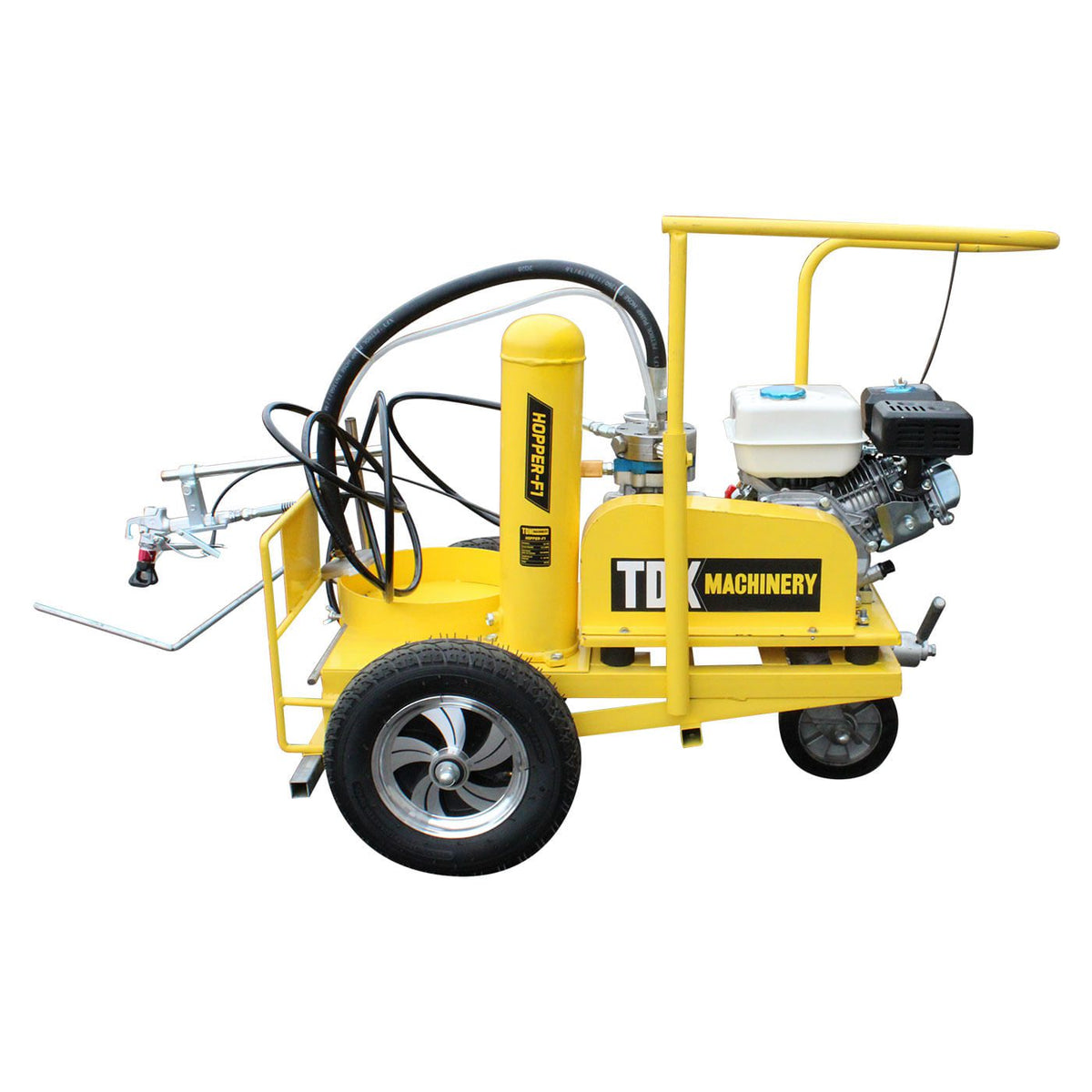 Máquina pinta rayas TDK HOPPER-F1 con motor Husky 6.5 HP, vista opuesta.