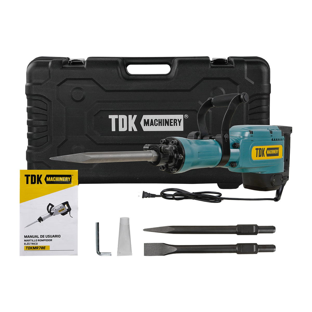 Martillo demoledor TDK TDKMR70E con estuche, cinceles y accesorios.