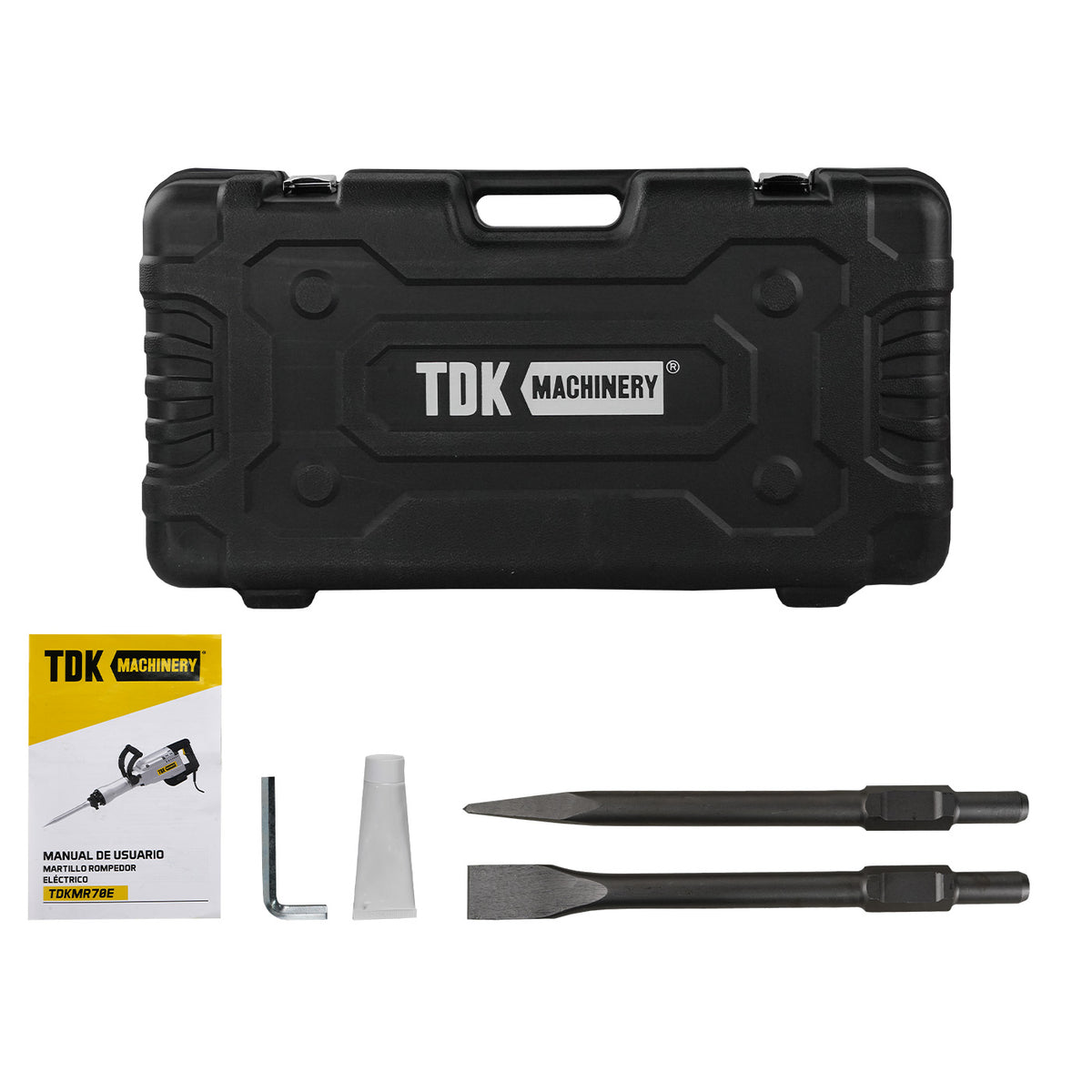 Estuche, manual, cinceles y accesorios del martillo demoledor TDK TDKMR70E.