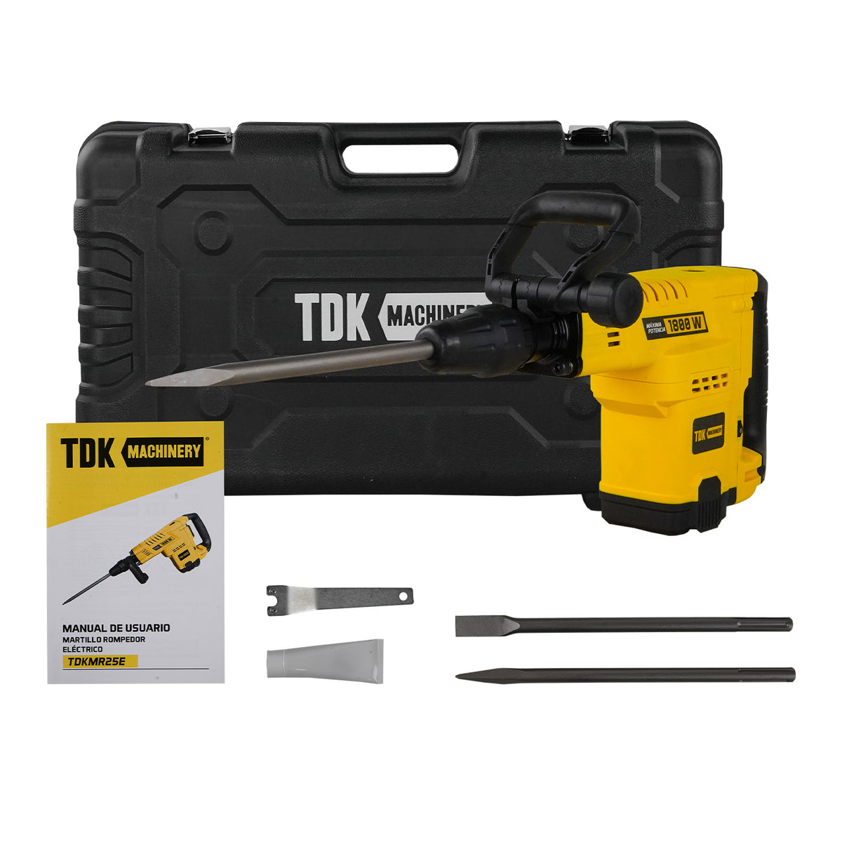 Martillo rompedor TDK TDKMR25E con estuche, manual y accesorios.