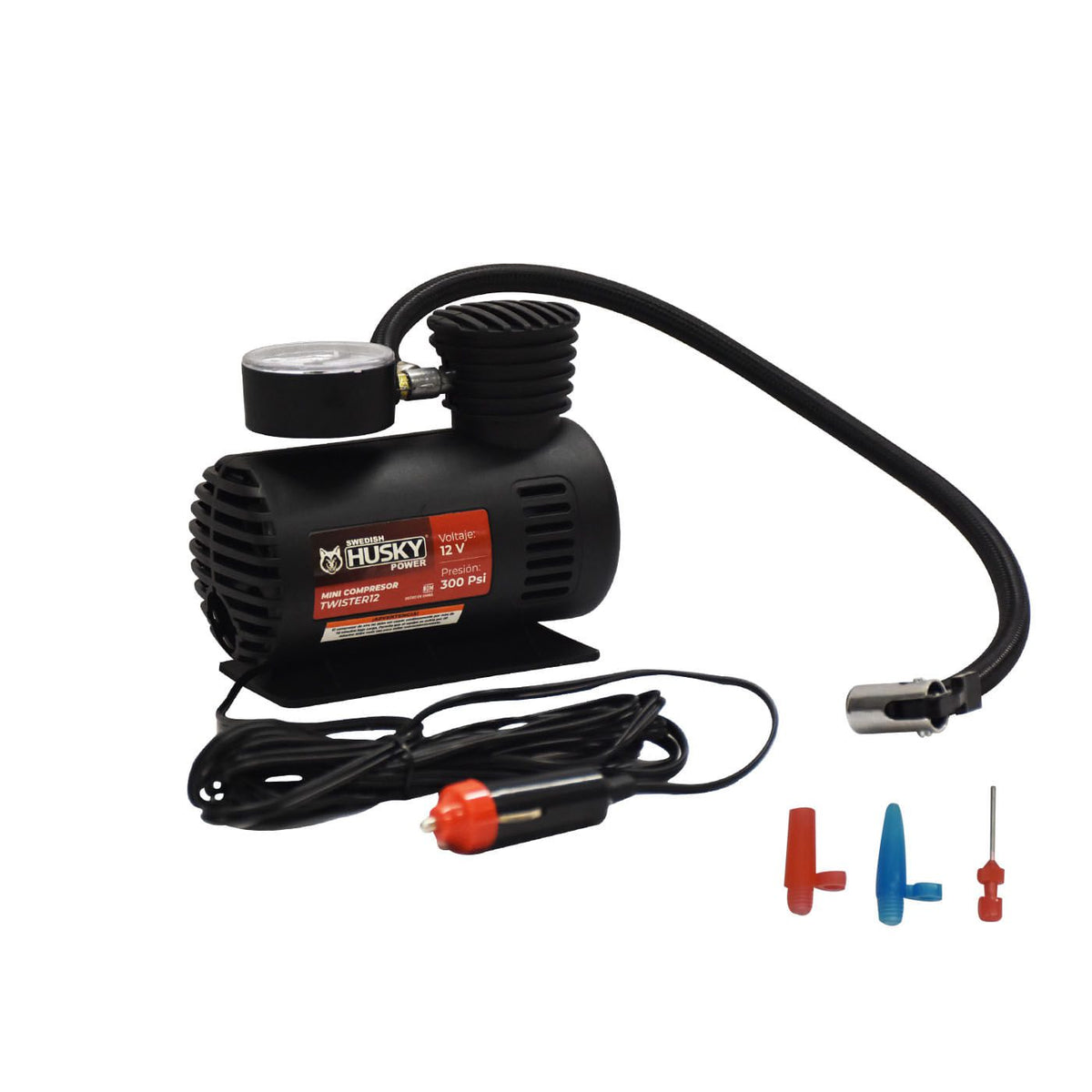 Mini compresor Swedish Husky Power TWISTER12 con cable, manguera y adaptadores.