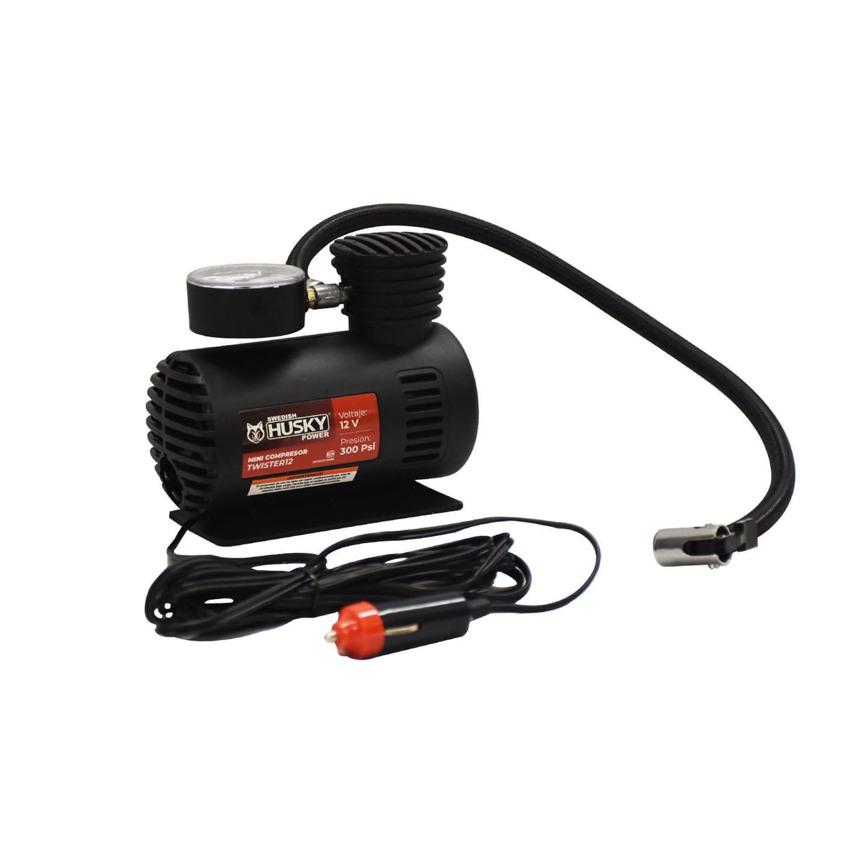 Mini compresor Swedish Husky Power TWISTER12, vista alternativa con cable y manguera.