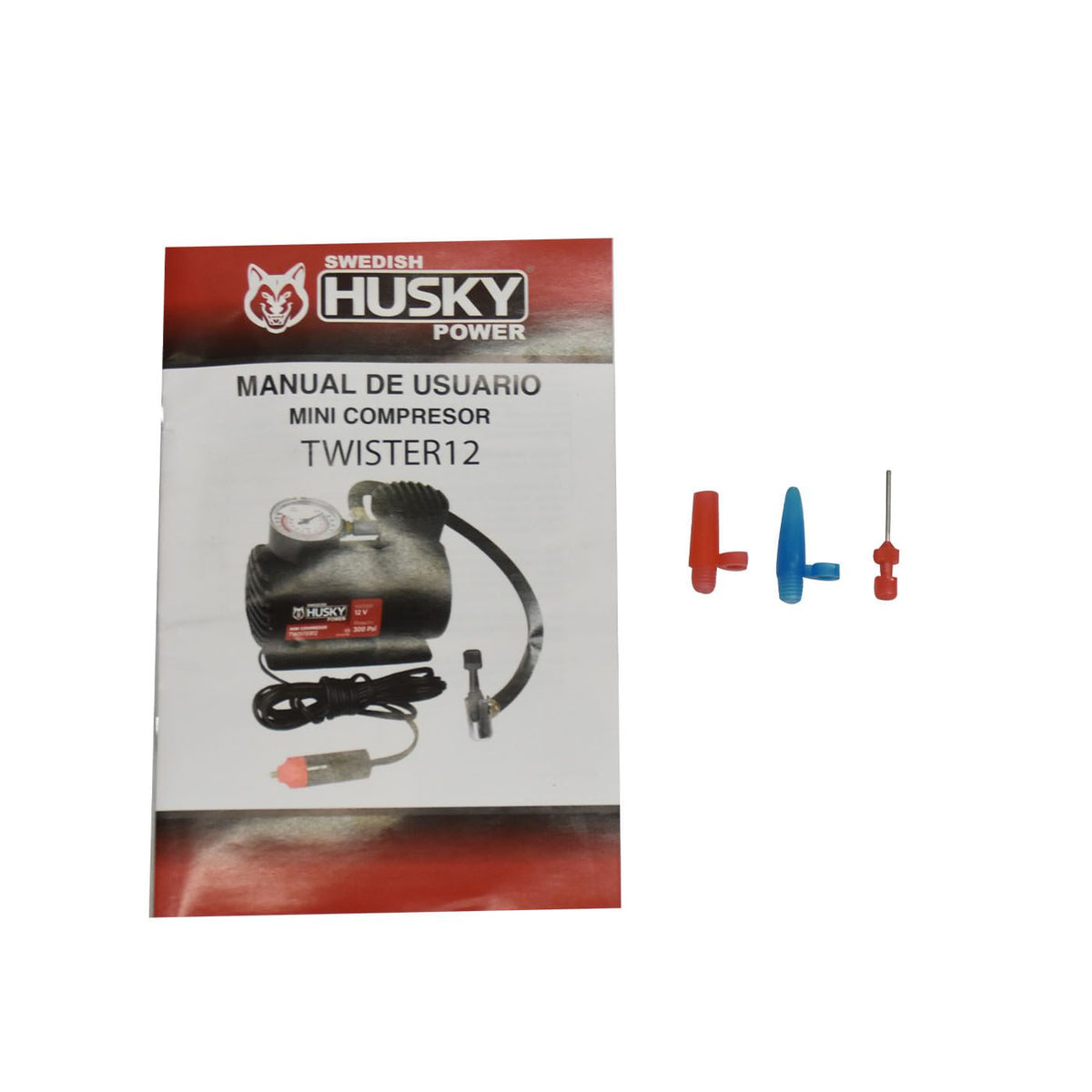 Manual de usuario y adaptadores del mini compresor Swedish Husky Power TWISTER12.