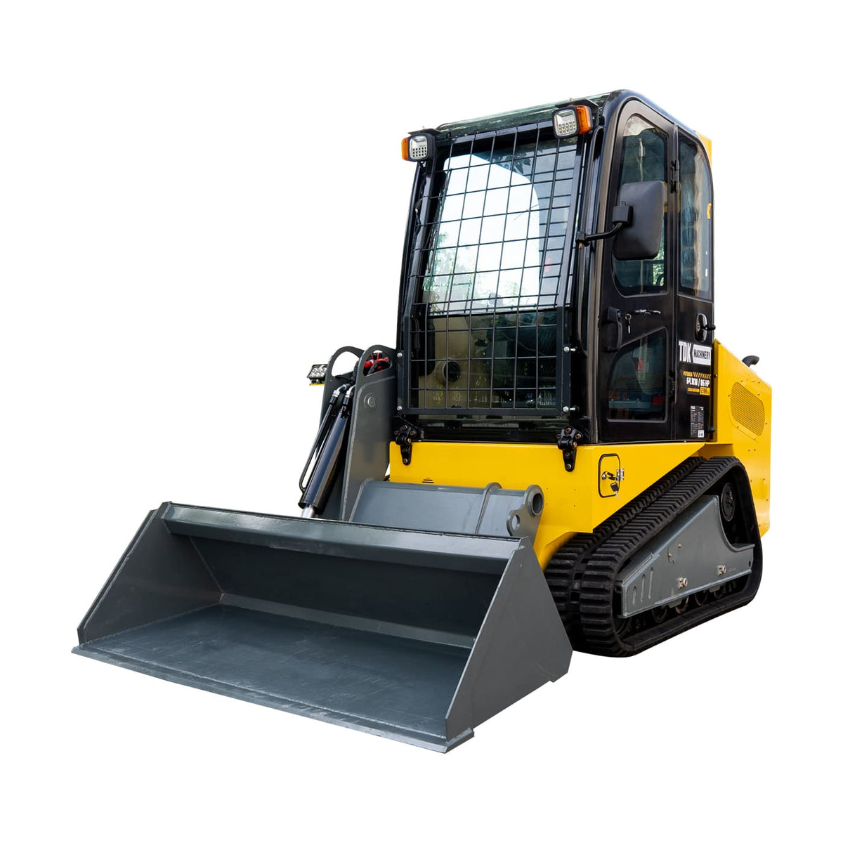 Minicargador sobre orugas TDK S860, vista tres cuartos frontal.