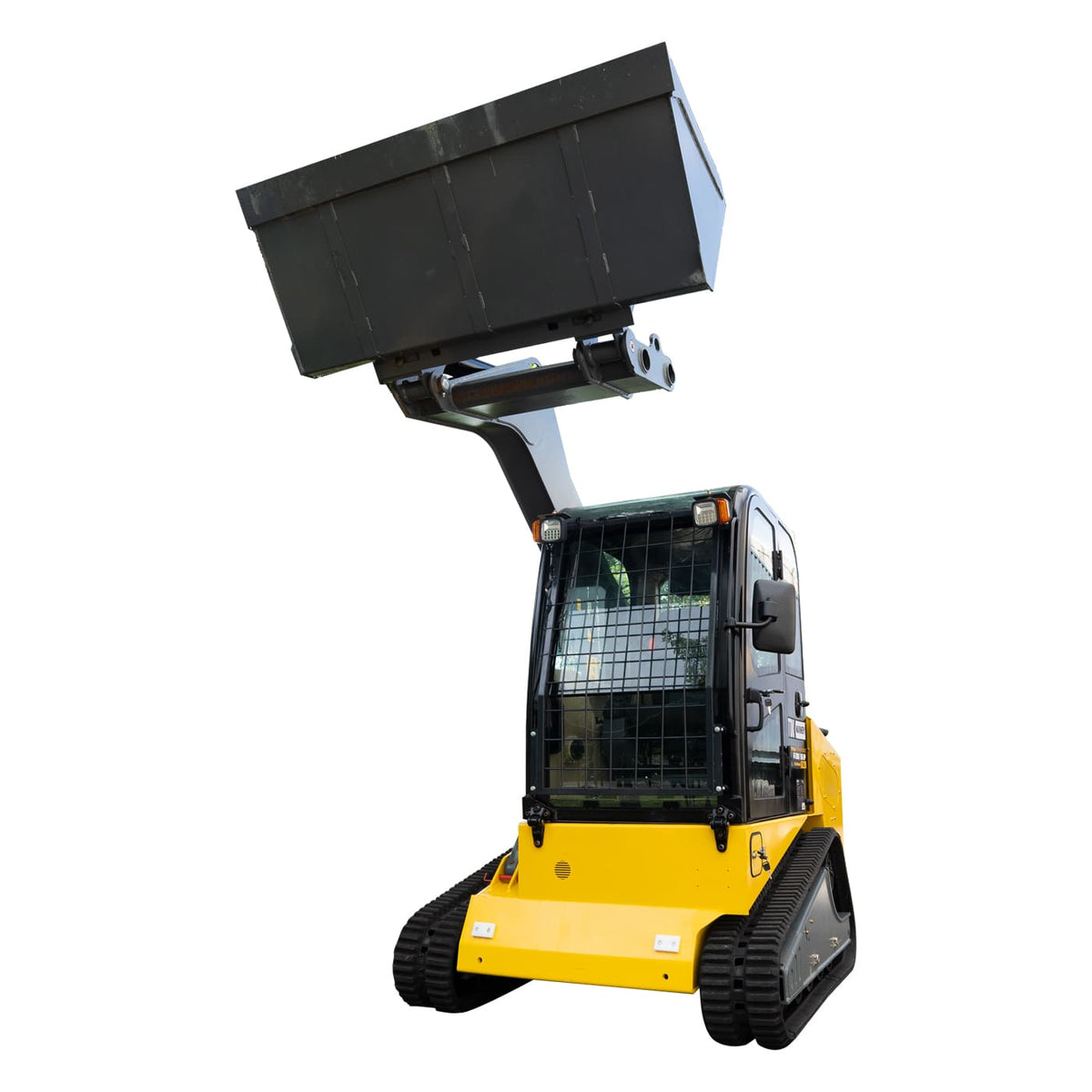 Minicargador sobre orugas TDK S860, vista con cucharón elevado.