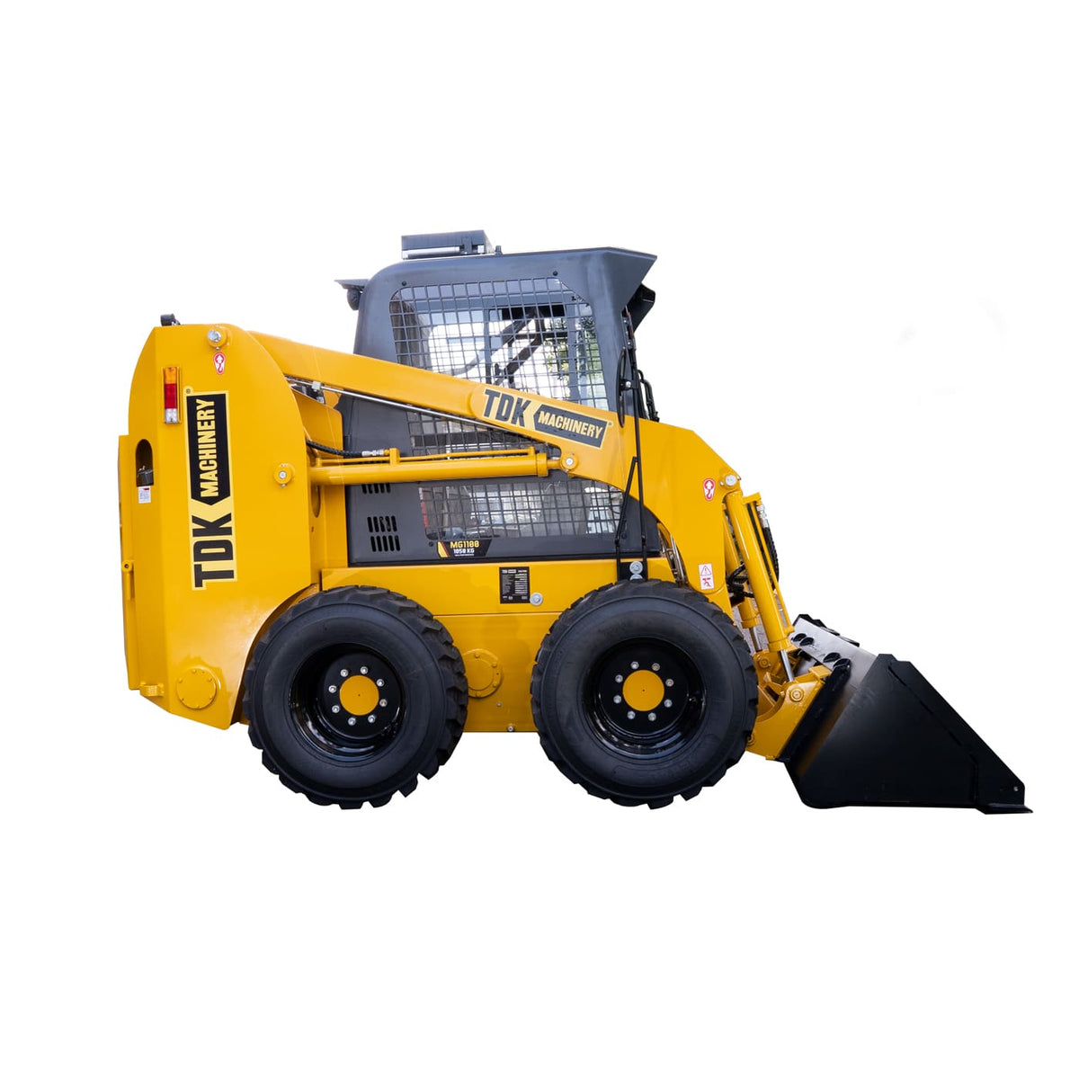 Minicargador sobre ruedas TDK MG1100, vista lateral.
