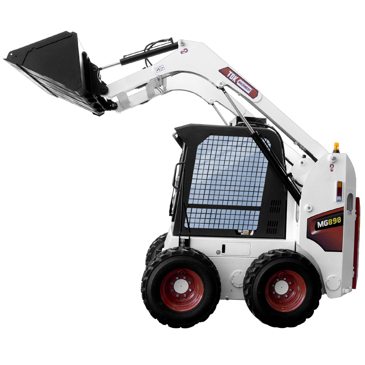 Minicargador sobre ruedas TDK MG890, vista con cucharón elevado opuesta.