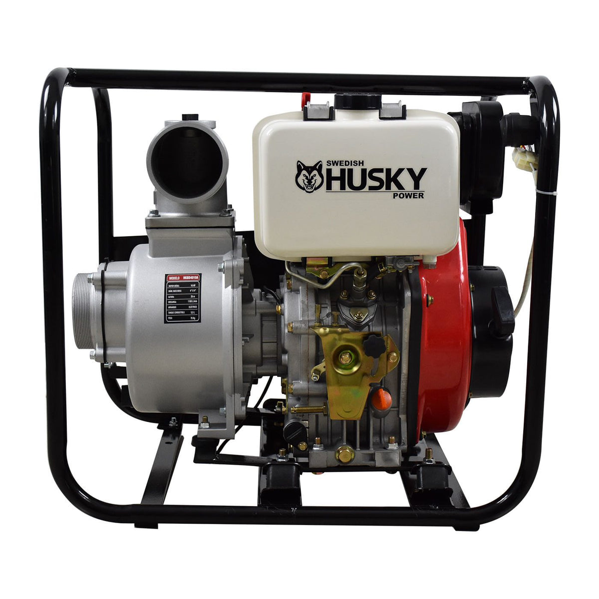 Motobomba diésel Husky Power HKBD4010A de 4 x 4 pulgadas, vista frontal.