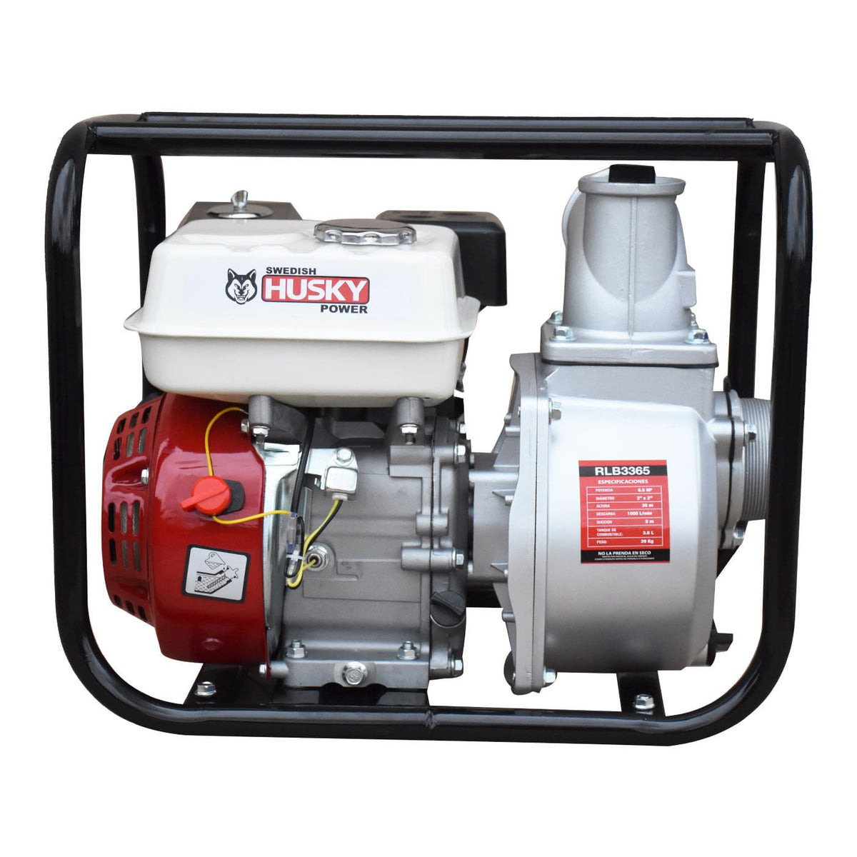 Motobomba Husky Power RLB3365 de 3 x 3 pulgadas y 6.5 HP, vista frontal.