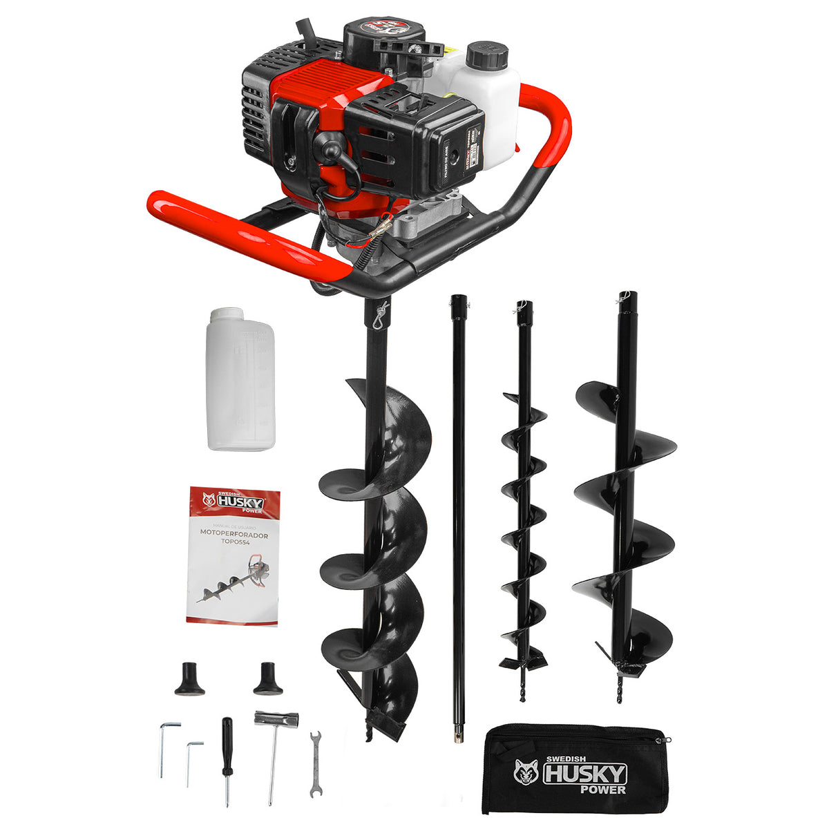 Motoperforadora Husky Power TOPO554 52 cc con barrenas, con accesorios incluidos.
