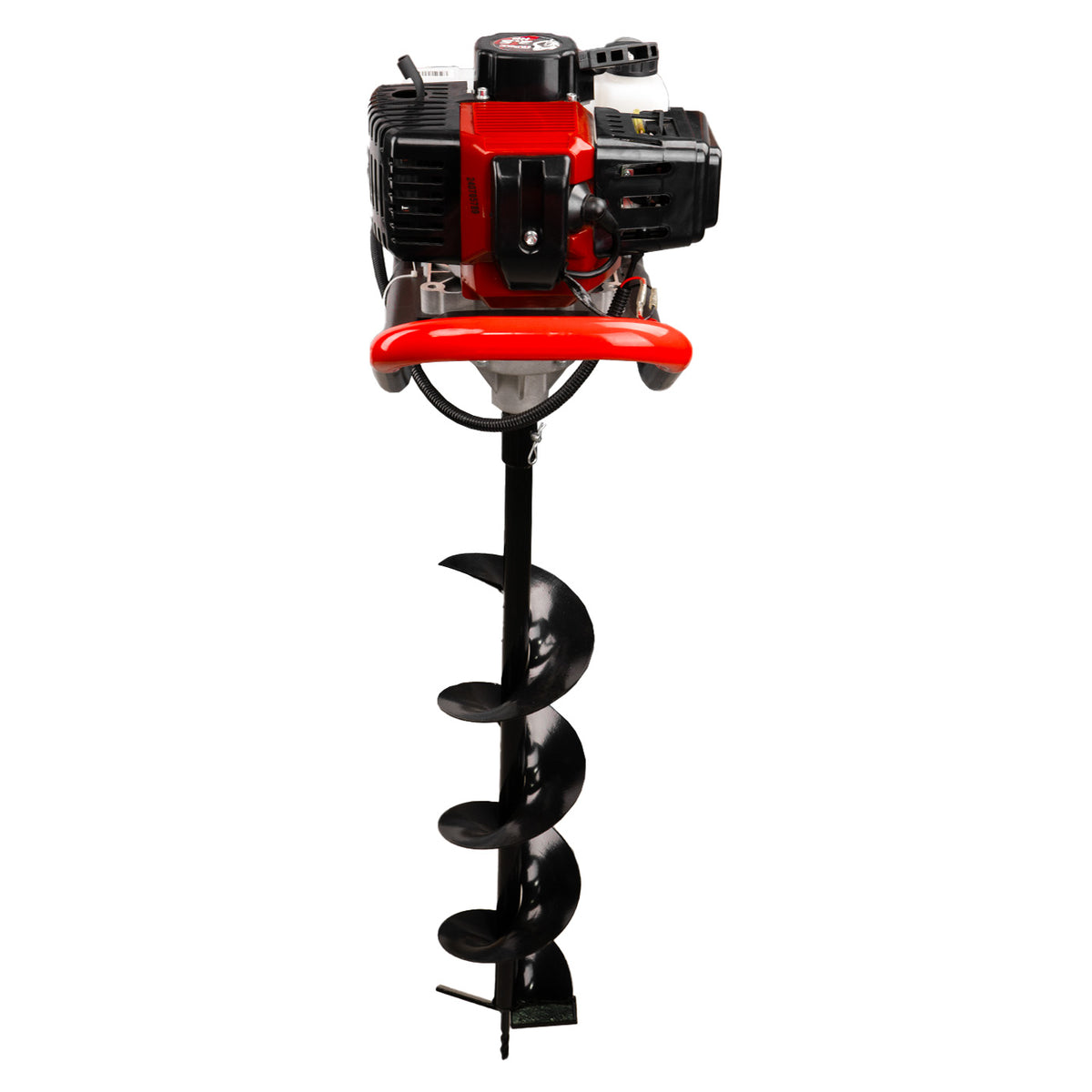 Motoperforadora Husky Power TOPO554 52 cc con barrenas, vista lateral.