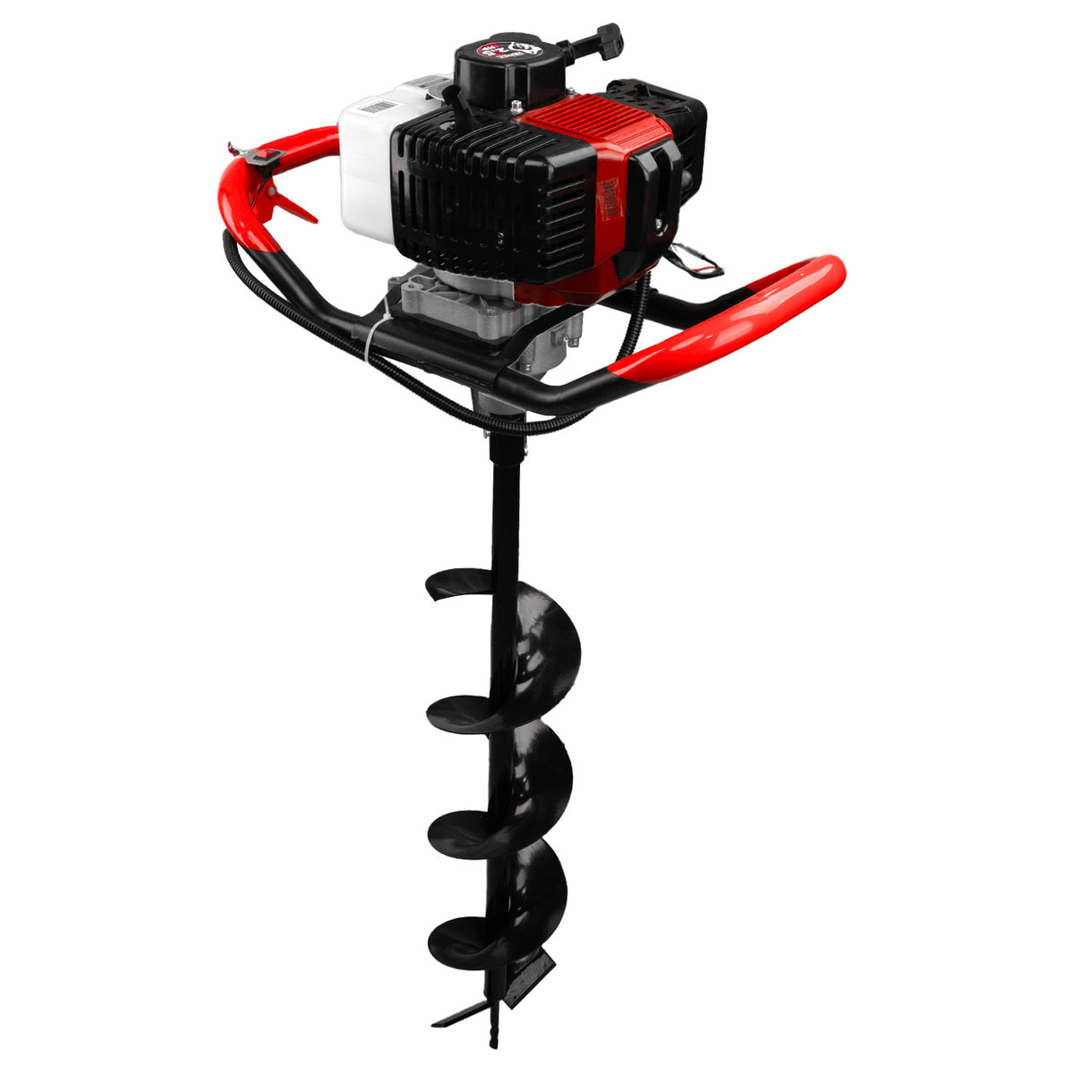 Motoperforadora Husky Power TOPO554 52 cc con barrenas, vista lateral opuesta.