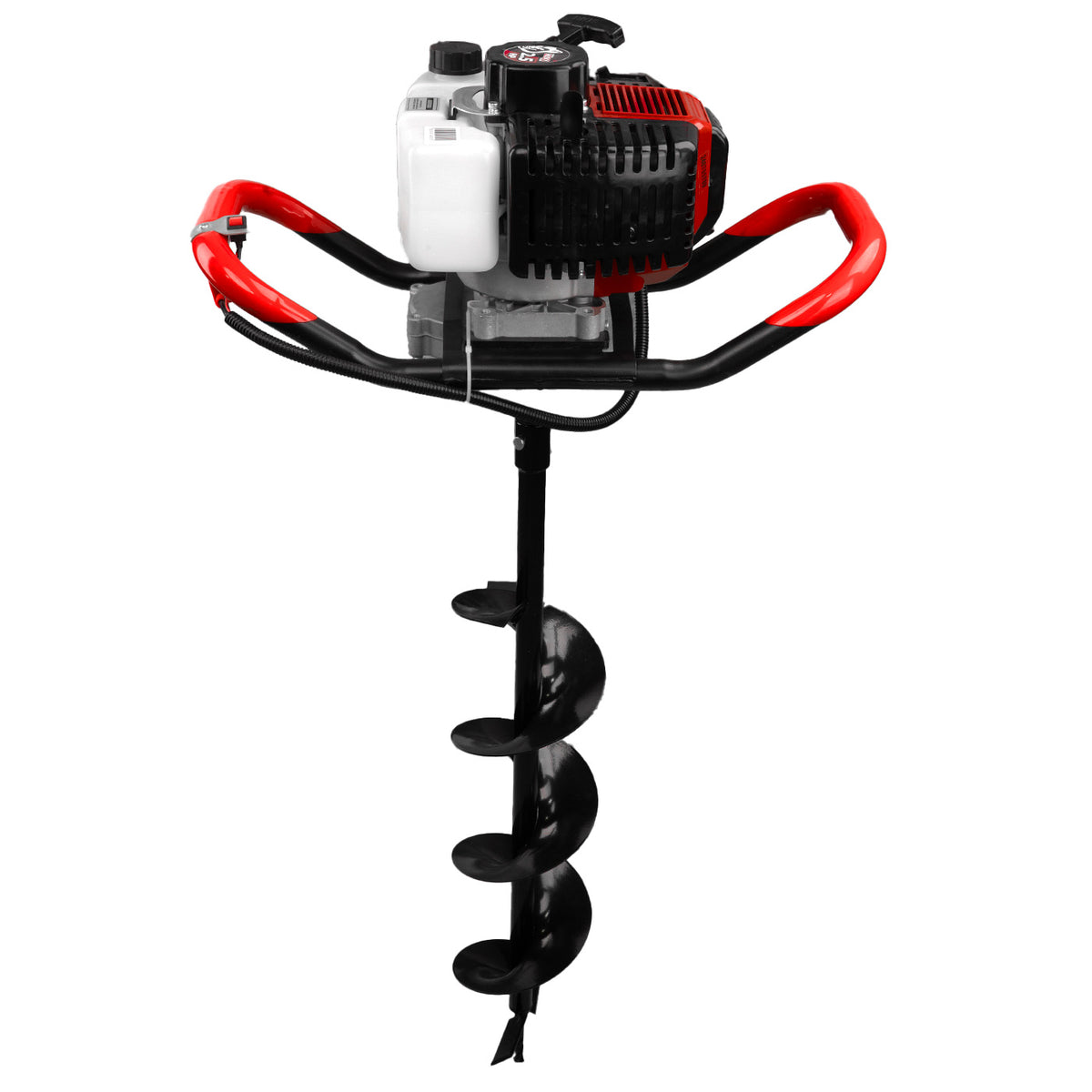 Motoperforadora Husky Power TOPO554 52 cc con barrenas, vista trasera.