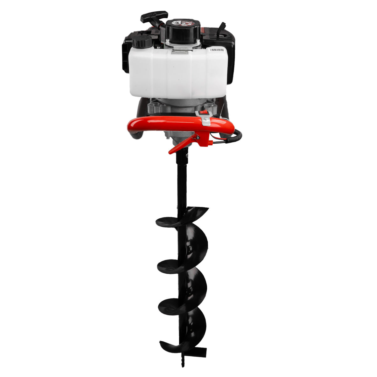 Motoperforadora Husky Power TOPO554 52 cc con barrenas, vista trasera opuesta.