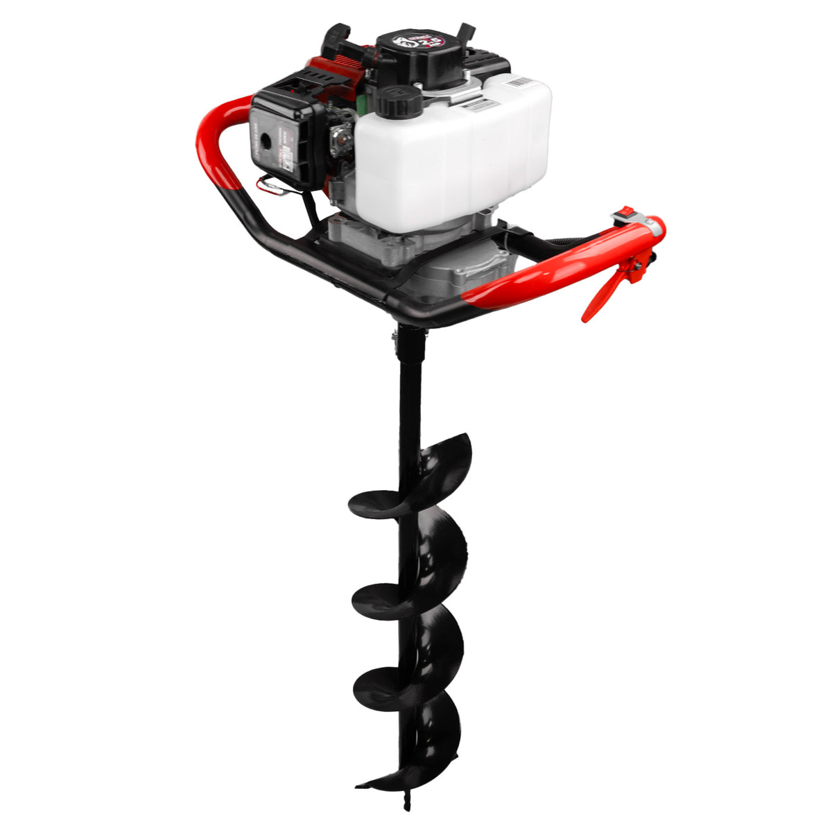 Motoperforadora Husky Power TOPO554 52 cc con barrenas, vista frontal.