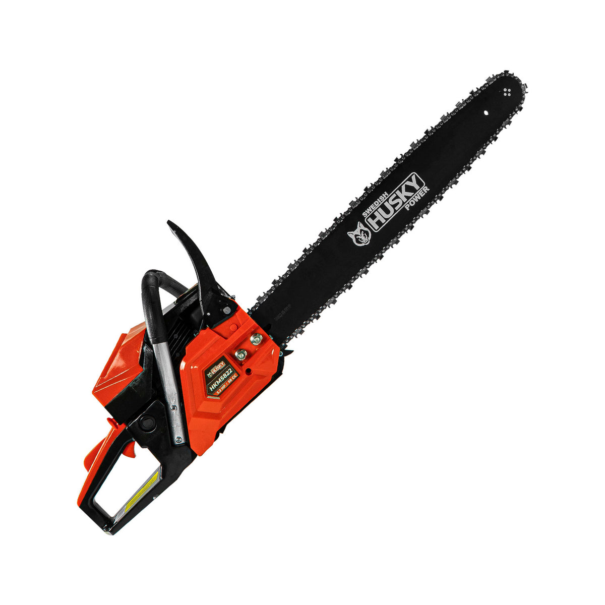 Motosierra Husky Power HKM5822 de 58 cc con barra de 22 pulgadas, vista trasera.