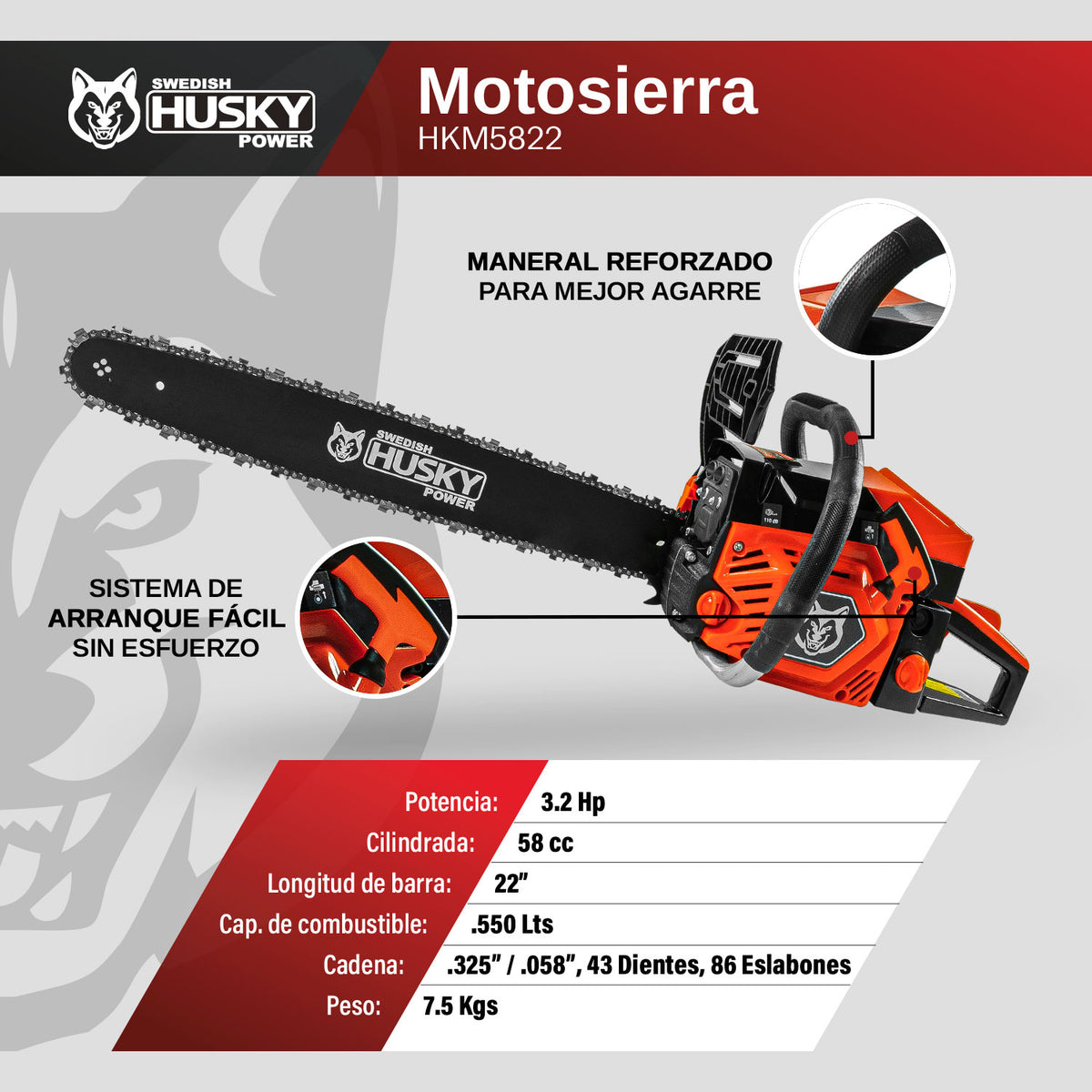 Motosierra Husky Power HKM5822 de 58 cc con barra de 22 pulgadas, infografía de especificaciones.