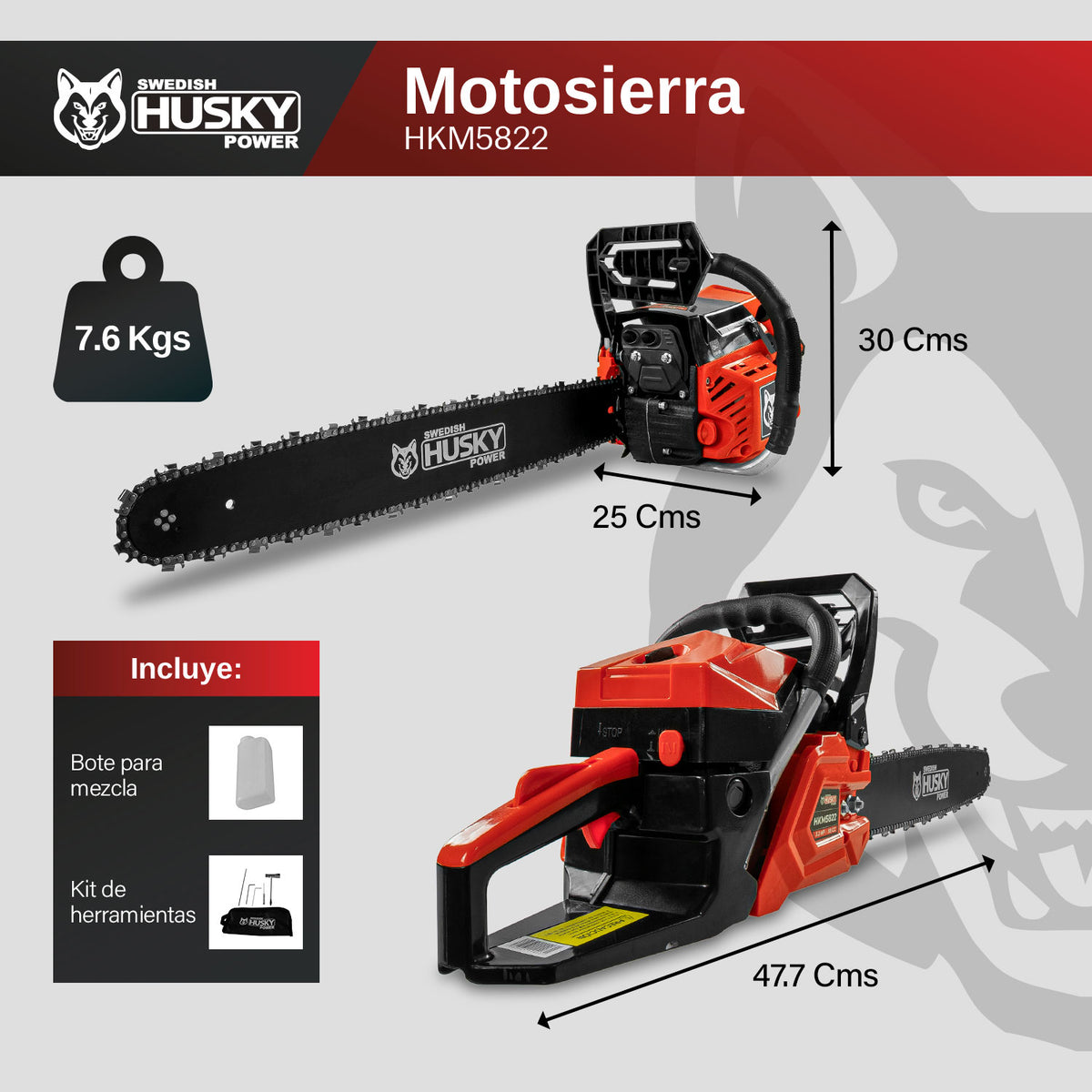 Motosierra Husky Power HKM5822 de 58 cc con barra de 22 pulgadas, infografía de dimensiones.