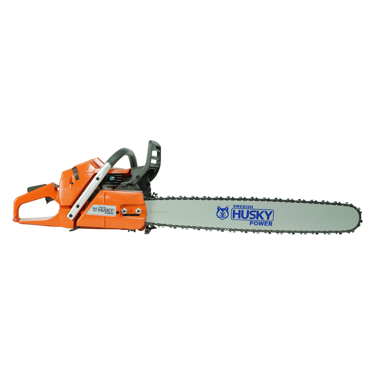 Motosierra Husky Power SH36524 de 61.5 cc con barra de 24 pulgadas, vista lateral.