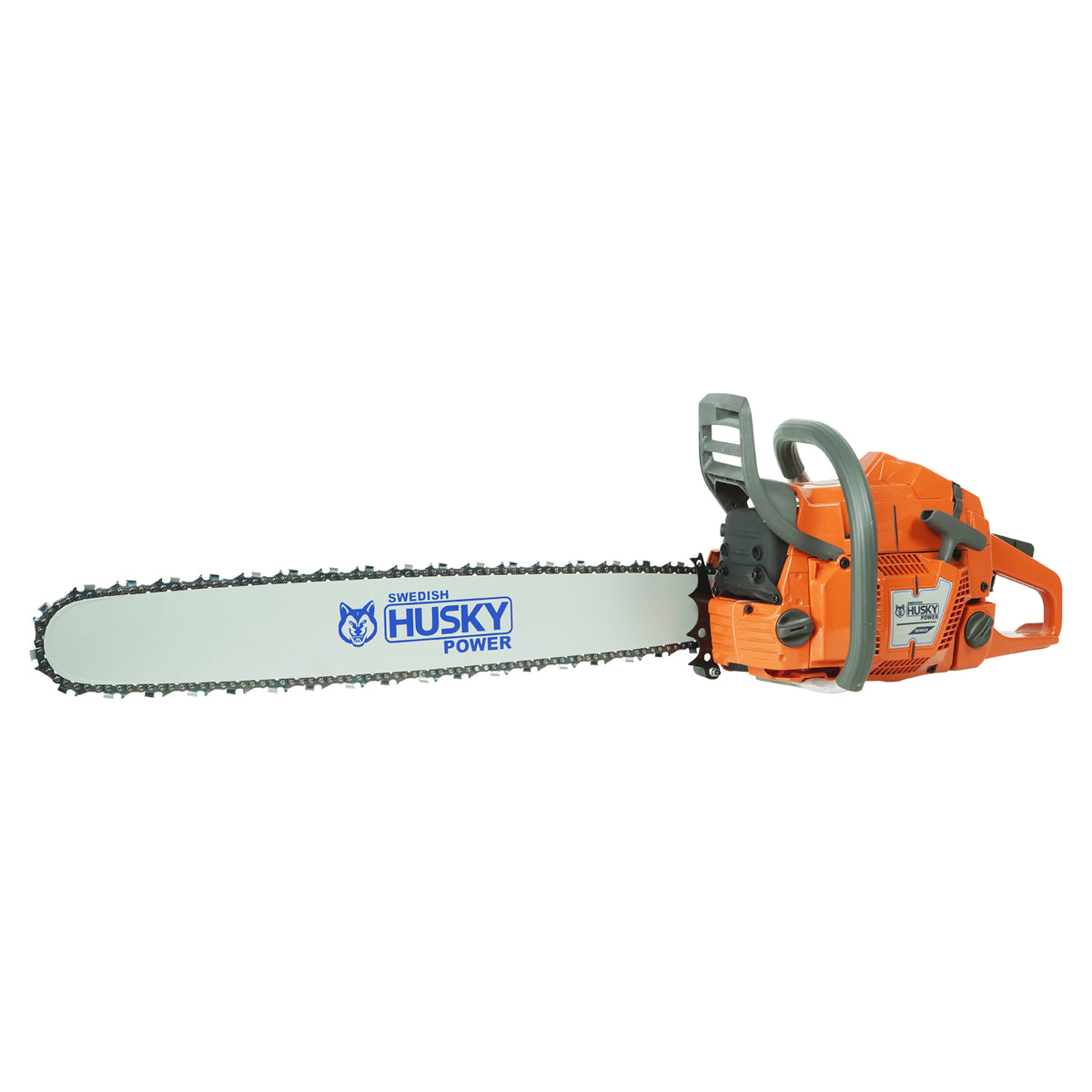 Motosierra Husky Power SH36524 de 61.5 cc con barra de 24 pulgadas, vista opuesta.