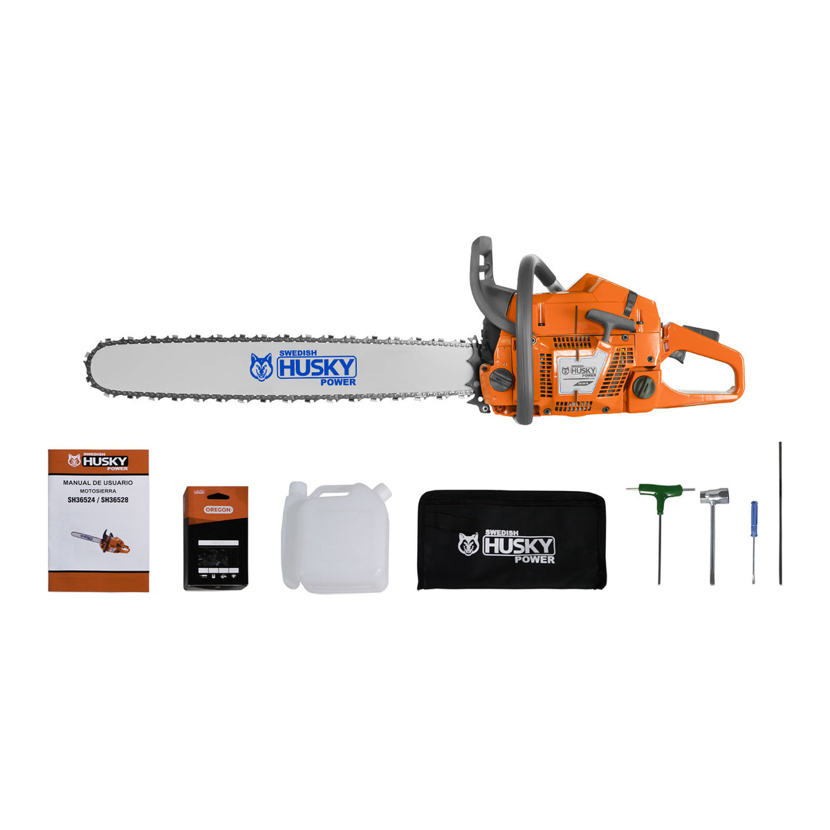 Motosierra Husky Power SH36528 de 61.5 cc con barra de 28 pulgadas, kit completo.