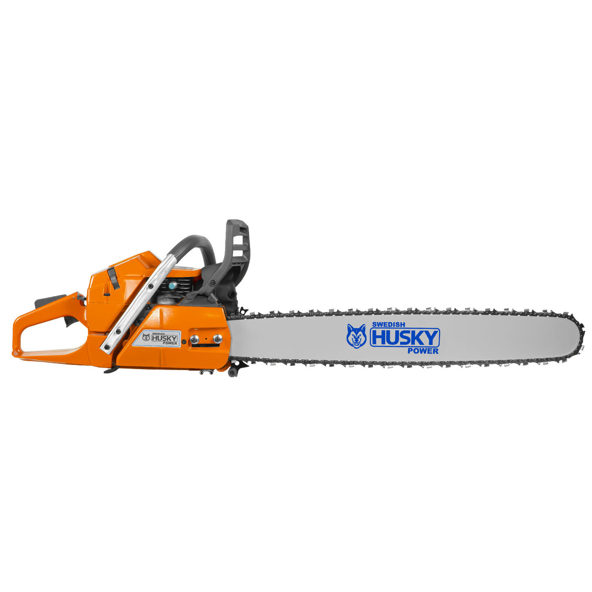 Motosierra Husky Power SH36528 de 61.5 cc con barra de 28 pulgadas, vista lateral.