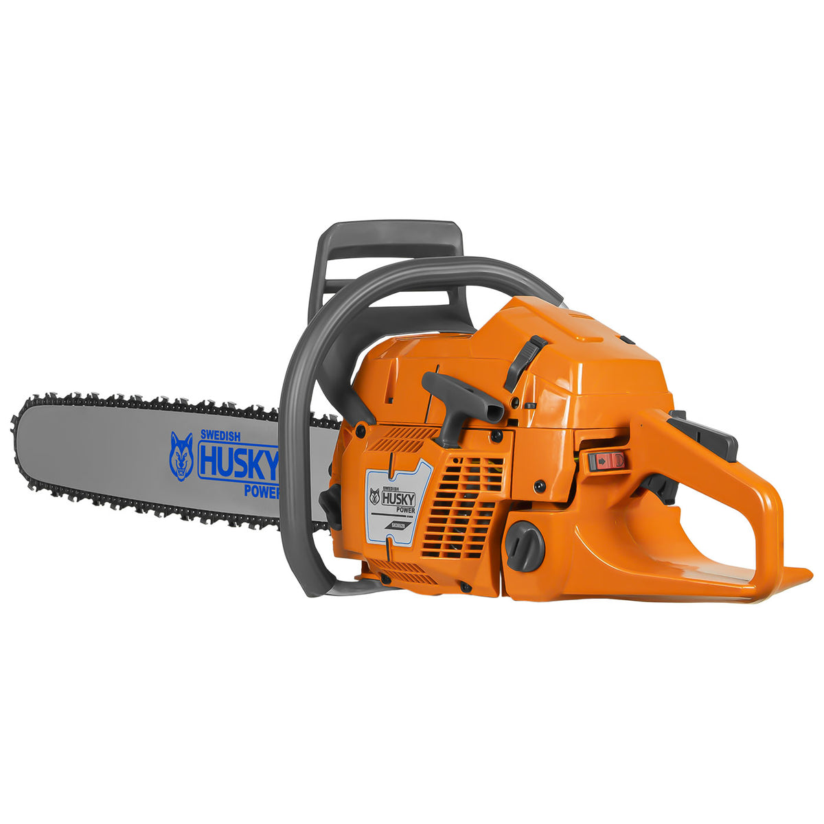 Motosierra Husky Power SH36528 de 61.5 cc con barra de 28 pulgadas, vista opuesta.
