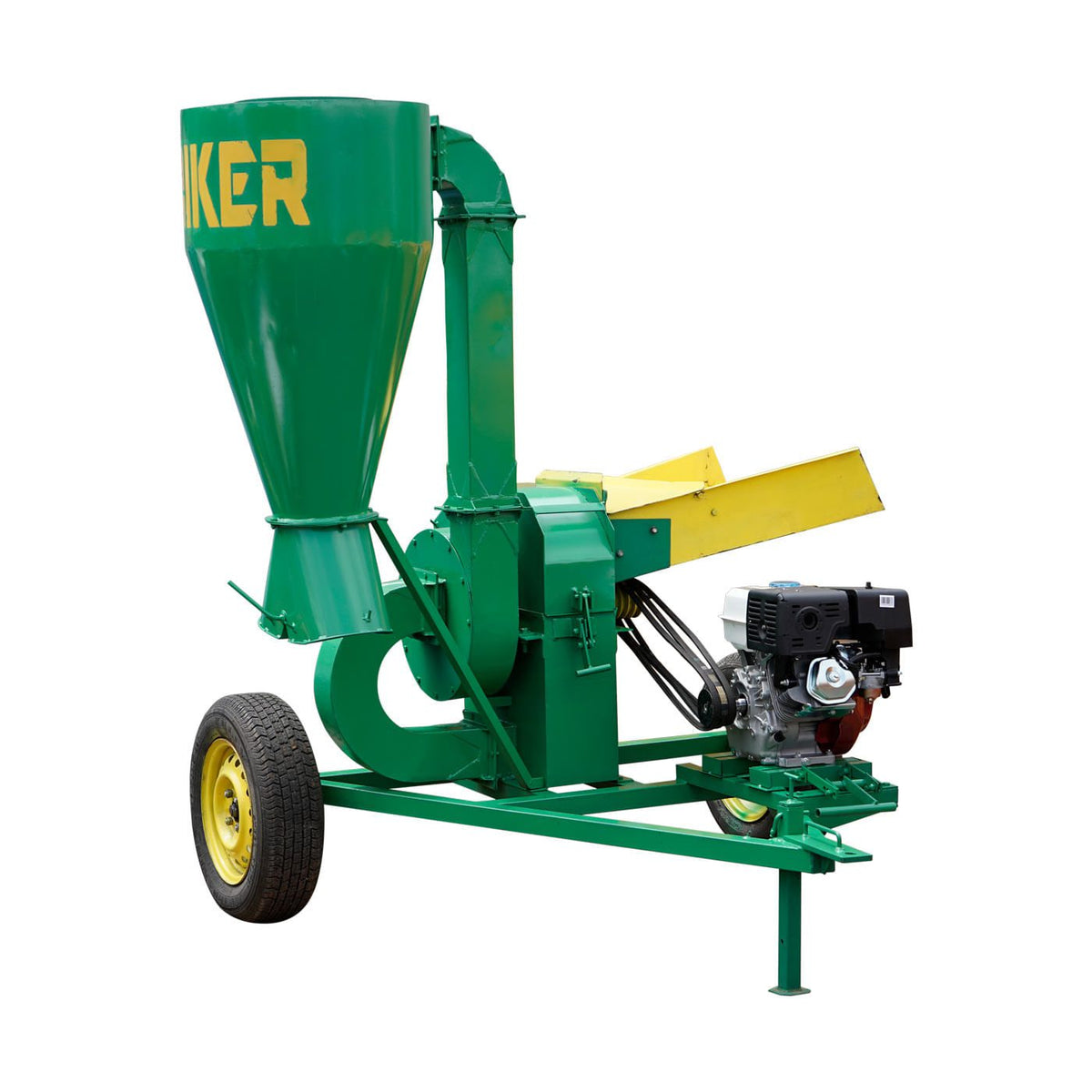 Picadora encostaladora ciclón Rayken RKPDC30R-HSK16 con motor Husky de 16 HP, vista en tres cuartos opuesta.