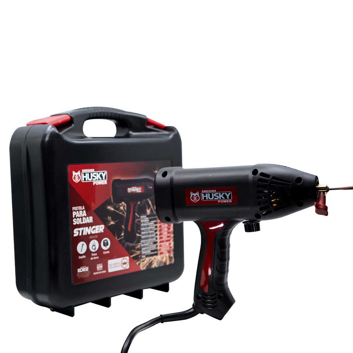 Pistola soldadora Swedish Husky Power STINGER 110 V 120 A, estuche y producto.