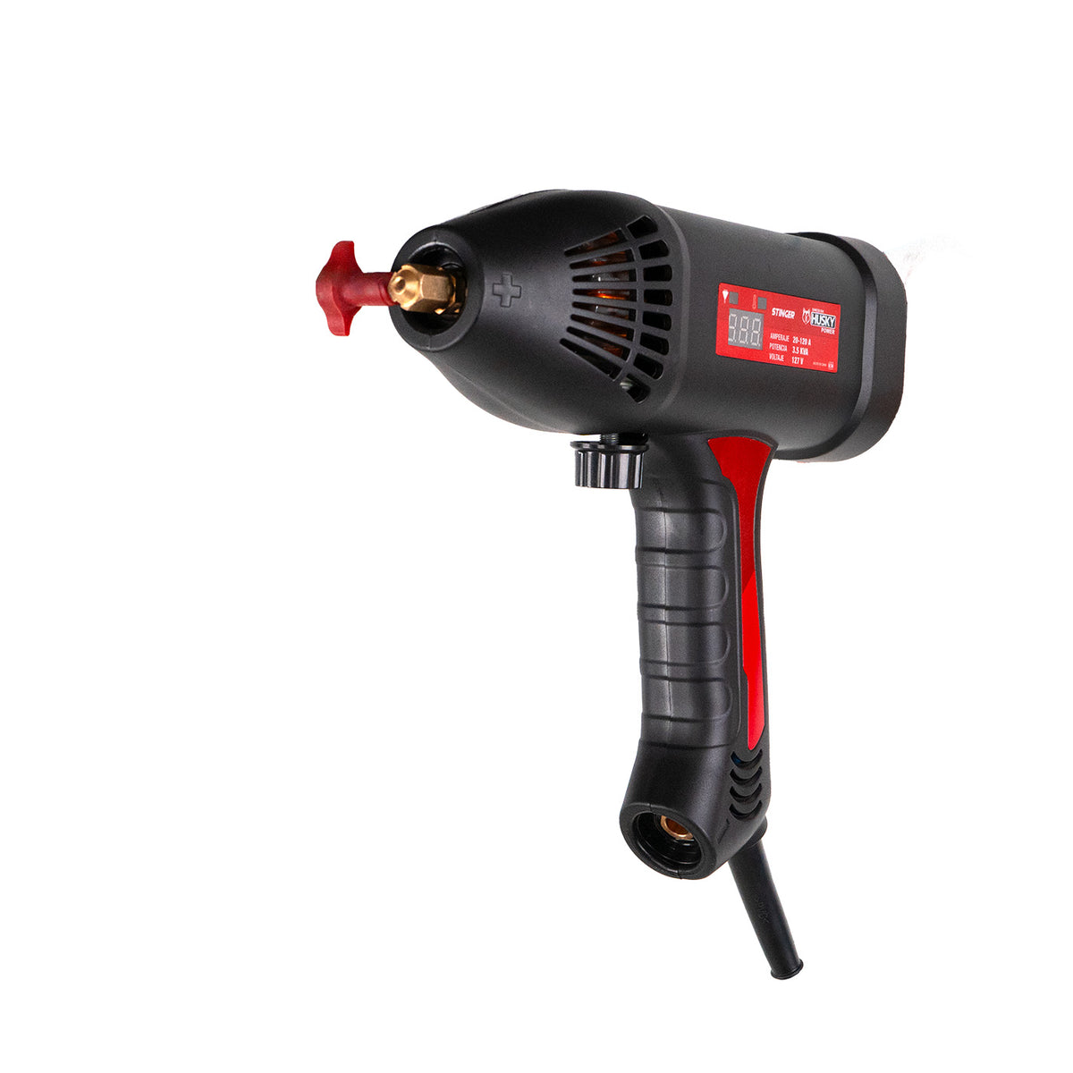 Pistola soldadora Swedish Husky Power STINGER 110 V 120 A, vista en tres cuartos frontal.