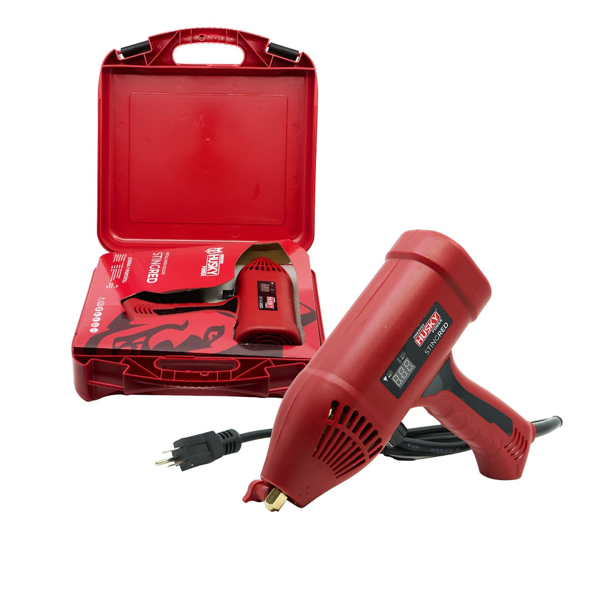 Pistola soldadora Swedish Husky Power STINGRED 110 V 120 A, estuche y producto.