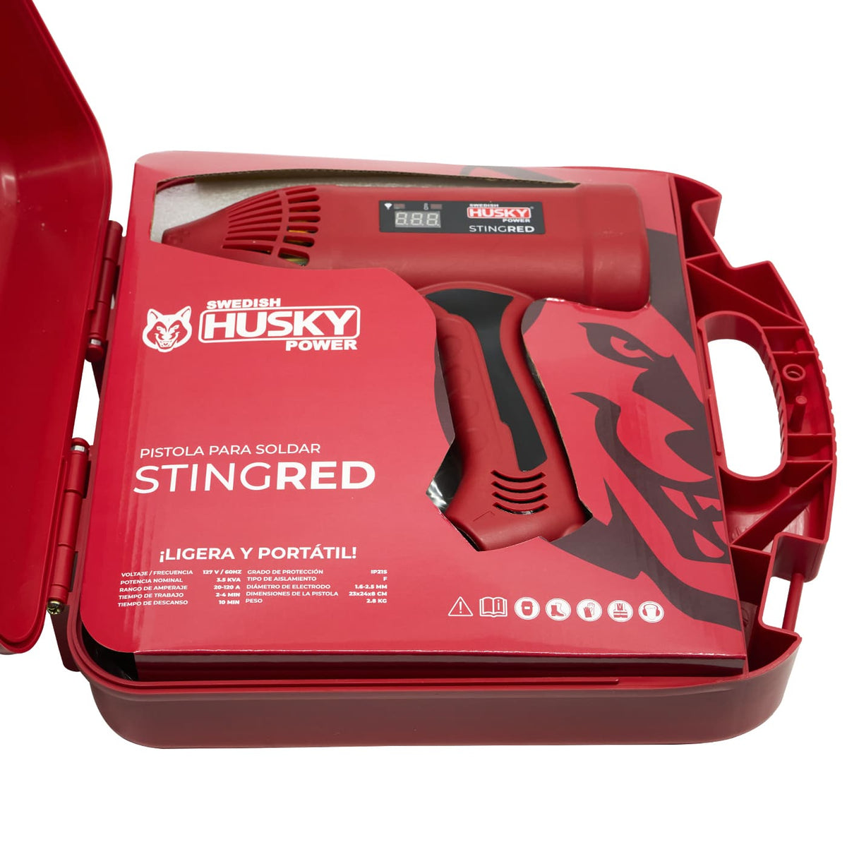 Pistola soldadora Swedish Husky Power STINGRED 110 V 120 A, detalle del estuche.