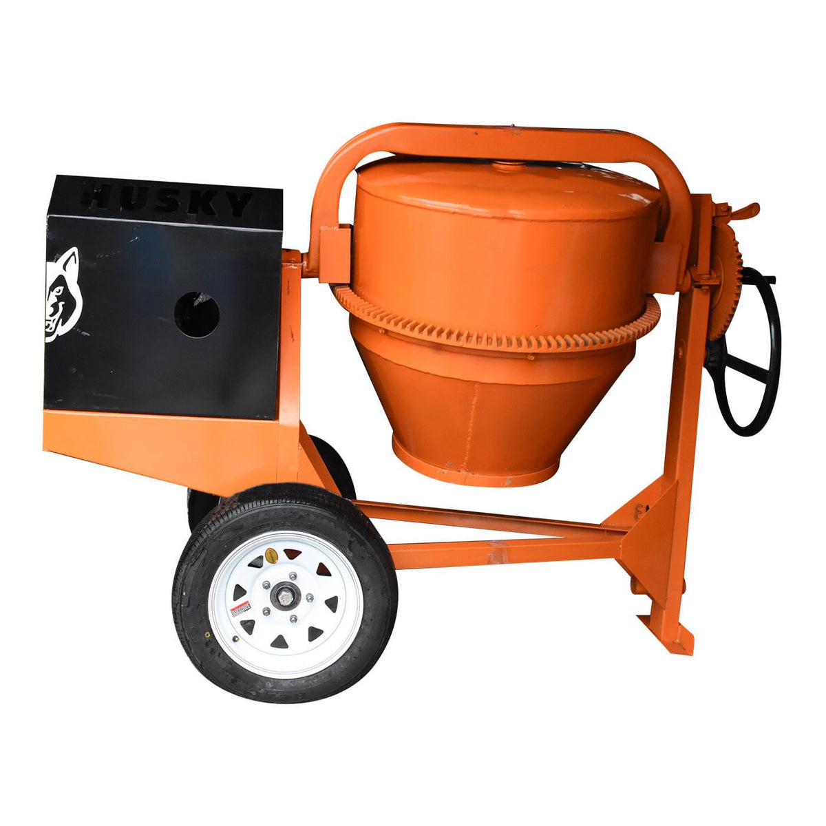 Revolvedora Husky Power HKRB1-HSK16 de 1 saco con motor 16 HP, vista opuesta.