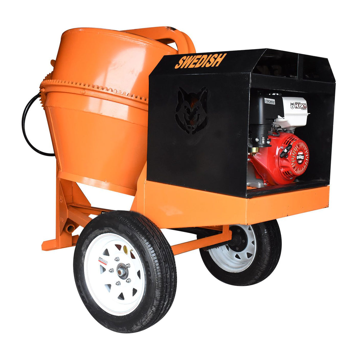 Revolvedora Husky Power HKRB1-HSK9 de 1 saco con motor 9 HP, vista en tres cuartos.